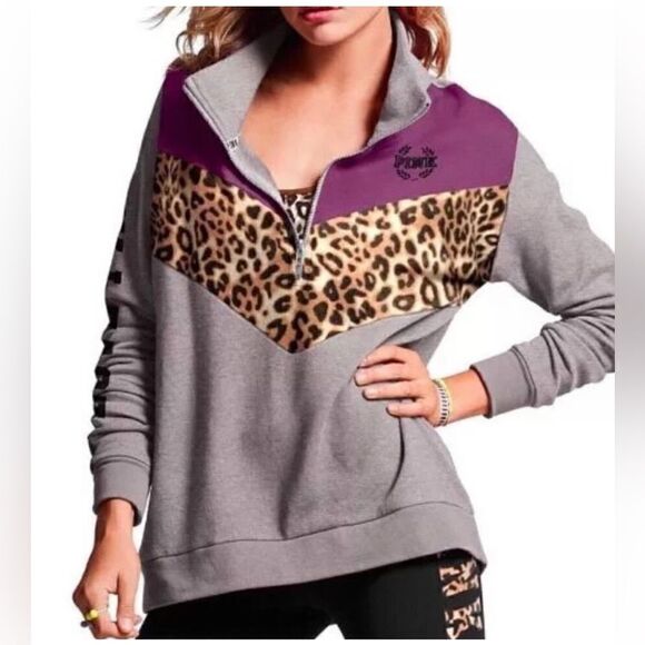 Rare quarter 1/4 zip pullover sweatshirt VS pink leopard/cheetah black white - Picture 3 of 8